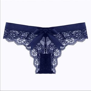 (Last 1) NAVY BLUE sexy lace bow thong transparent panty in navy blue lace